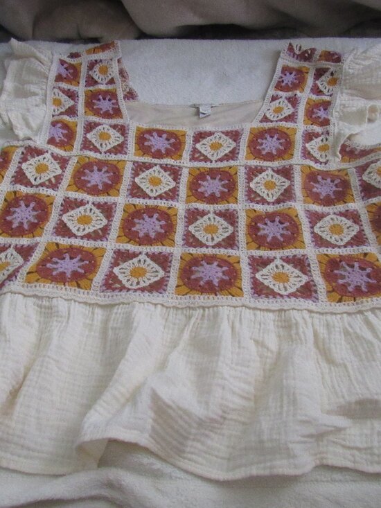 Cato Tops - Cato Fashion Top Multi Color Crochet Patchwork Cream Color Gauze Bottom  26-28W